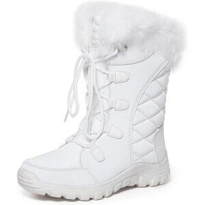 Womens White Quilted Faux Fur Cuff Winter Duck Boots with Rubber Sole